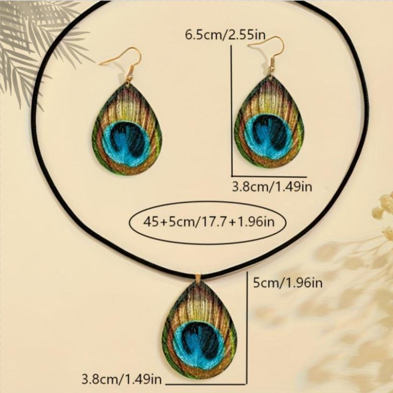 Ethnic retro bohemian peacock feather pattern print water drop geometric stud earrings necklace set