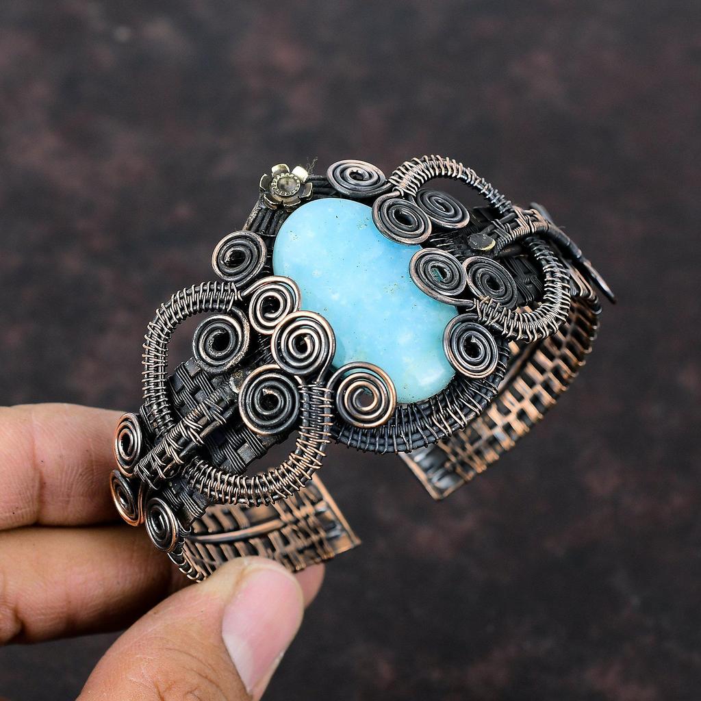 Hemimorphite Copper Cuff Bracelet Wire Wrapped Gemstone Bangle Adjustable Cuff Bracelet Copper Wire Wrapped Jewelry Handmade Bangle For Gift