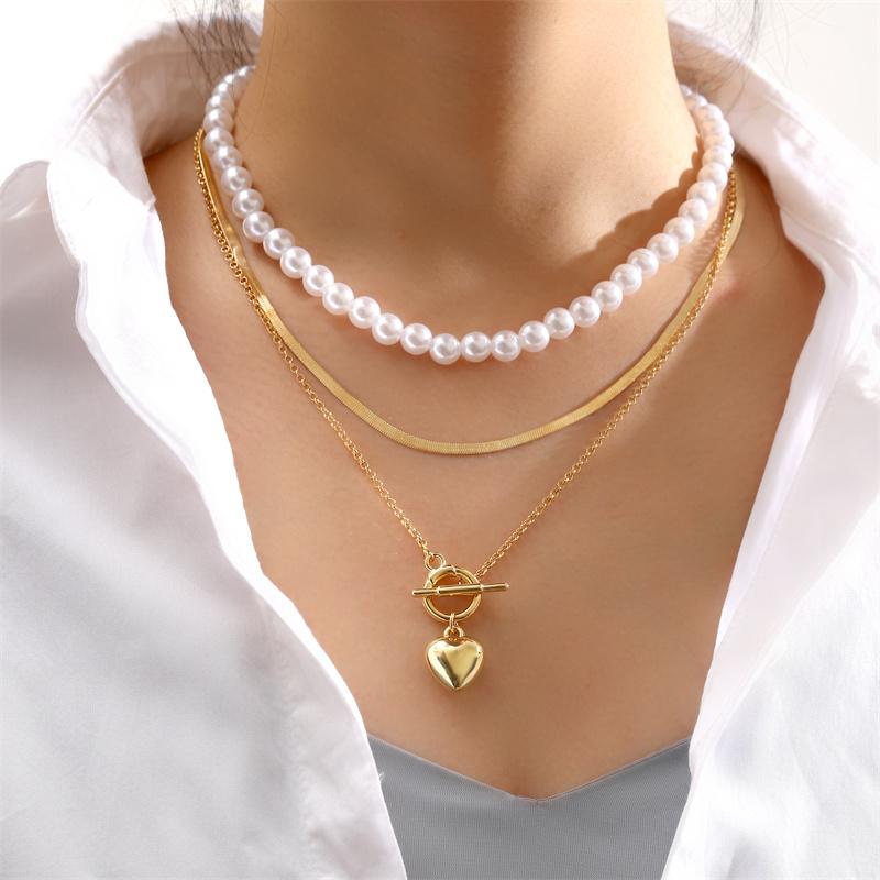 Gold Color Heart Multilayered Necklace Pearl Pendant Women Vintage Chain Butterfly Snake Jewelry Wedding Gifts 2024 NewTrendy