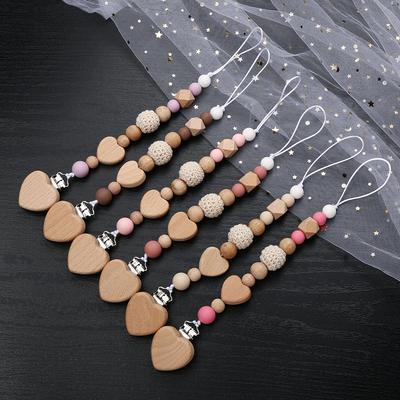 New Beech Wooden Baby Pacifier Chain Clip Heart Beads Silicone Beads Dummy Nipple Holder  for Newborn Teether Pendant Toys Gift