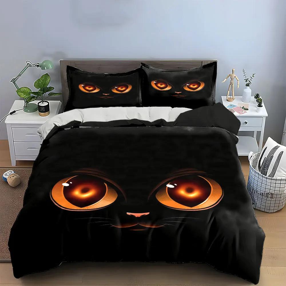 3Pcs Black Cat Eyes Bedding Set Glowing Orange Cat Eyes On Black Print Duvet Cover + 2 Pillowcases Mystical Cat Decor