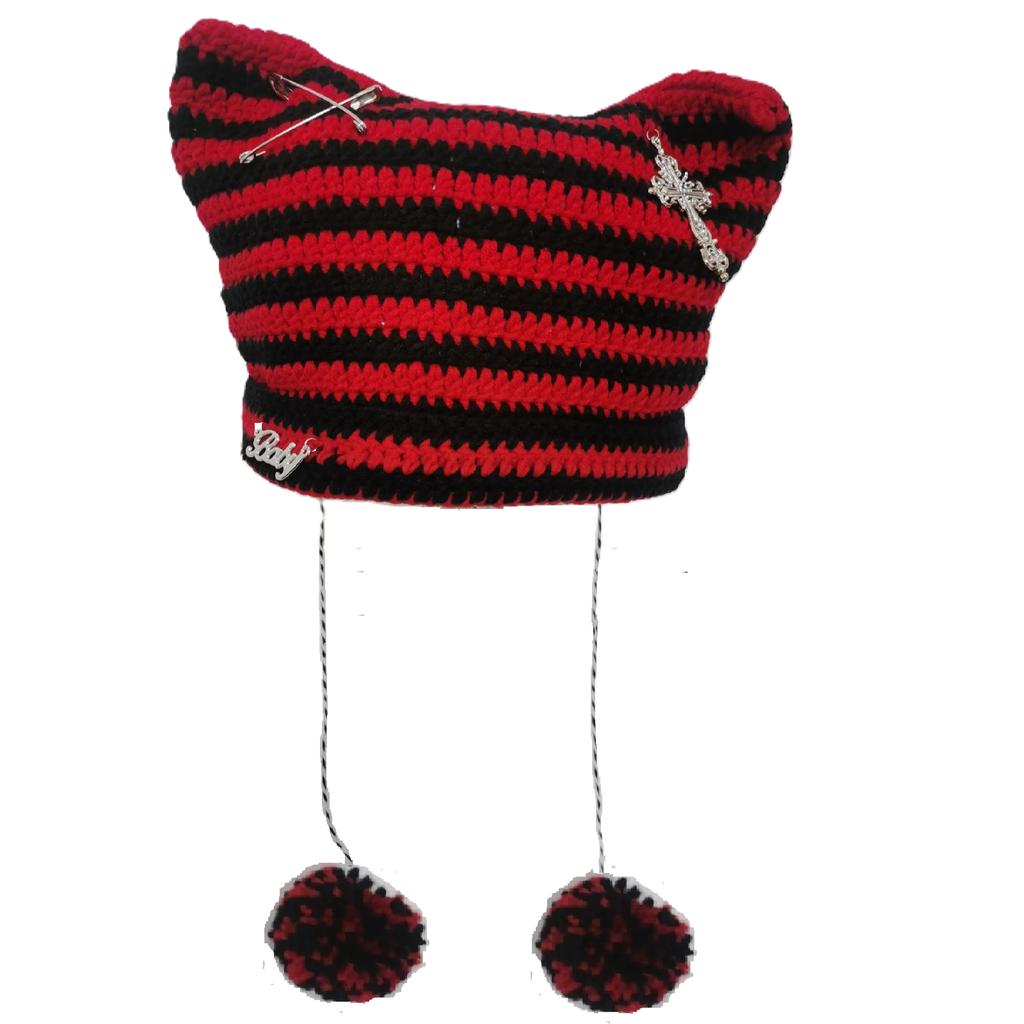 Teufelsgestreifte Strickmütze mit süßen Katzenohren und Kreuzverzierung für Frauen und Mädchen(54-56cm)