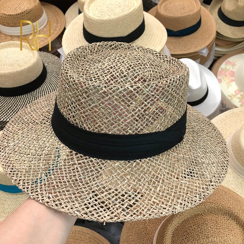 

Travel Natural seagrass hollow flat brim hat ladies summer porkpie concave round sun hat beach straw hat with ribbon sale adult size 56-58cm