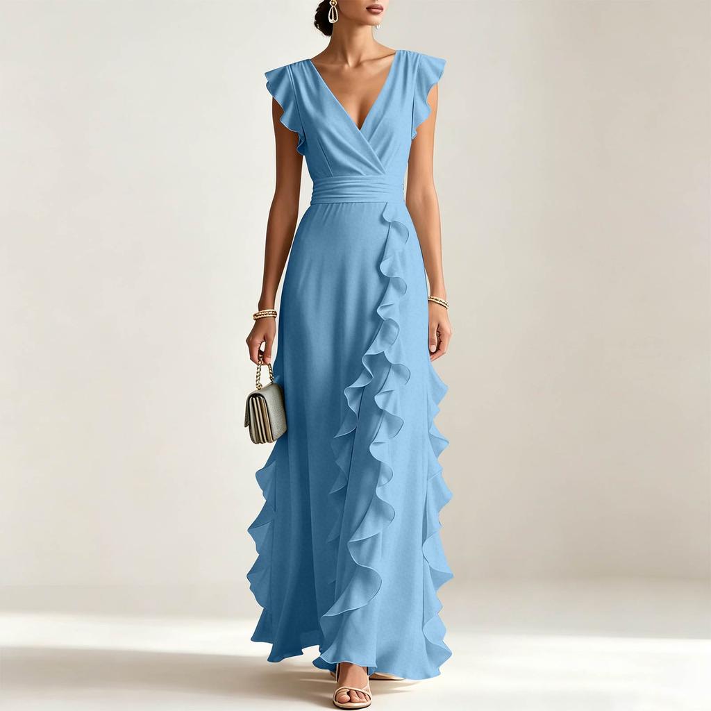 Women V Neck Short Sleeve Ruffle Hem Ruched Maxi Dress with Waist for Formal and Evening Occasions