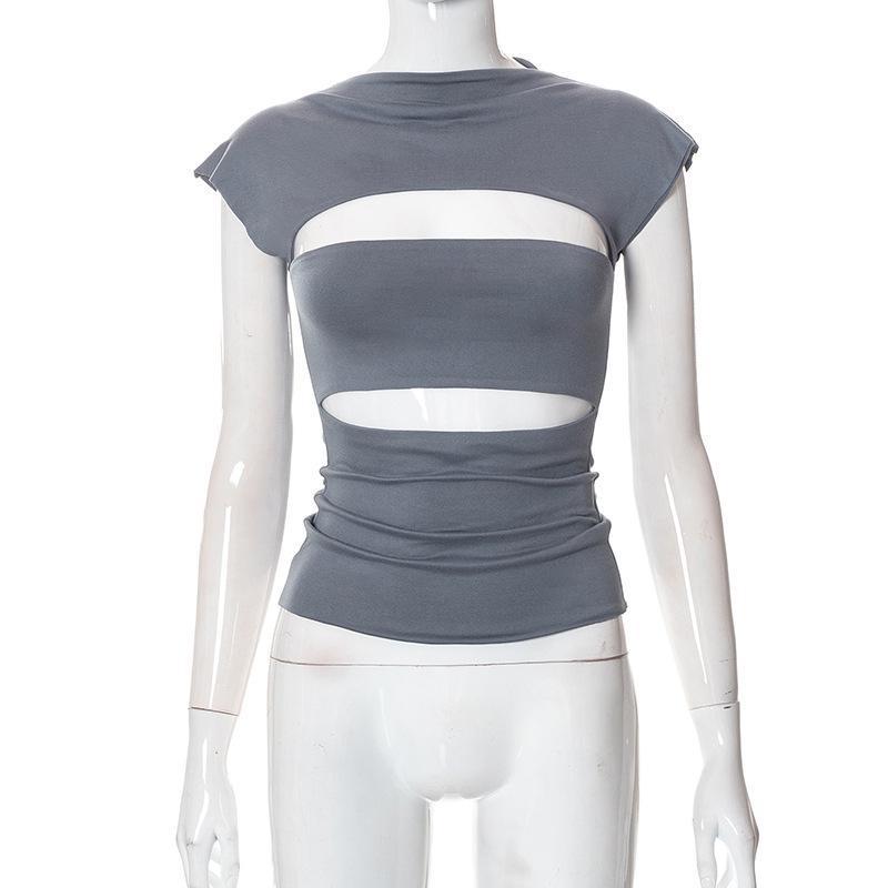 

European & American Women s 2022 Autumn Slim Fit Hollow Out Round Neck T-shirt Small серый