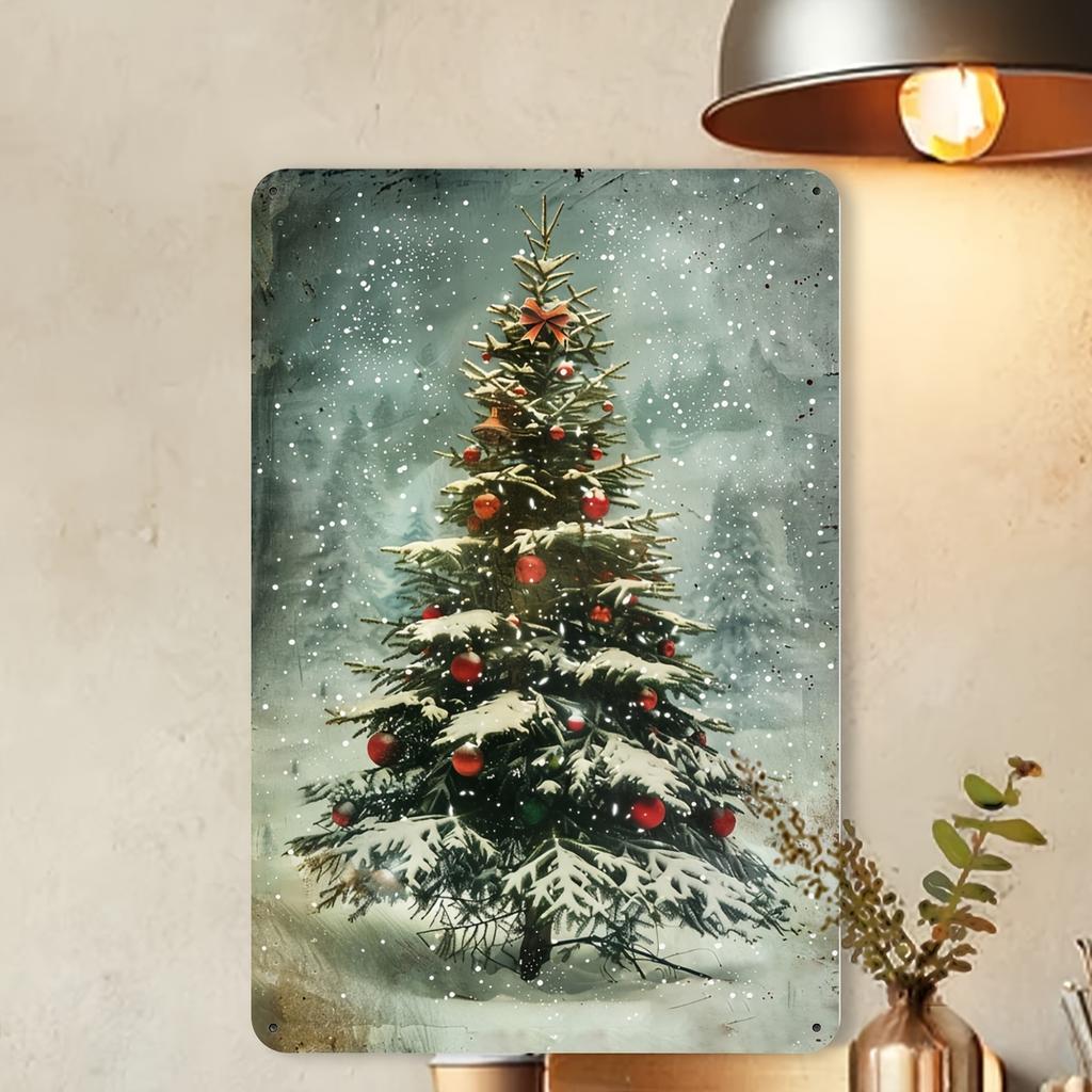 Vintage Christmas Tree Metal Tin Sign Wall Art Decor, Winter Holiday Gallery Living Room Bathroom Coffee Shop Garage Iron Foil E