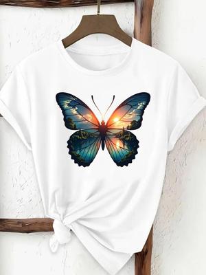 (Asian Size) Print Tee Top Butterfly Style Cute 90s Women Woman Fashion Clothing T Shirt  Female Short Sleeve Graphic T-shirts