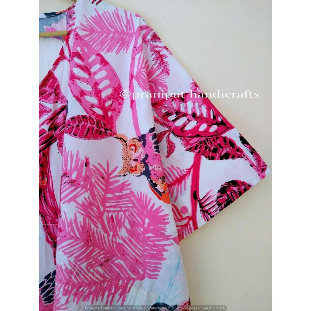 Indisch Rosa Lang Eulen-Print Baumwolle Übergröße Maxi Damen Überwurf Kaftan Kleid CKFTN-SCRN-FULL-BUYIT-057