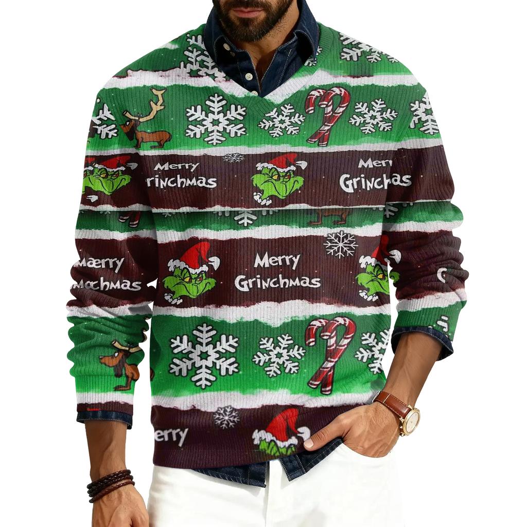 Men's V-neck Long Sleeve Ribbed Knit Pullover