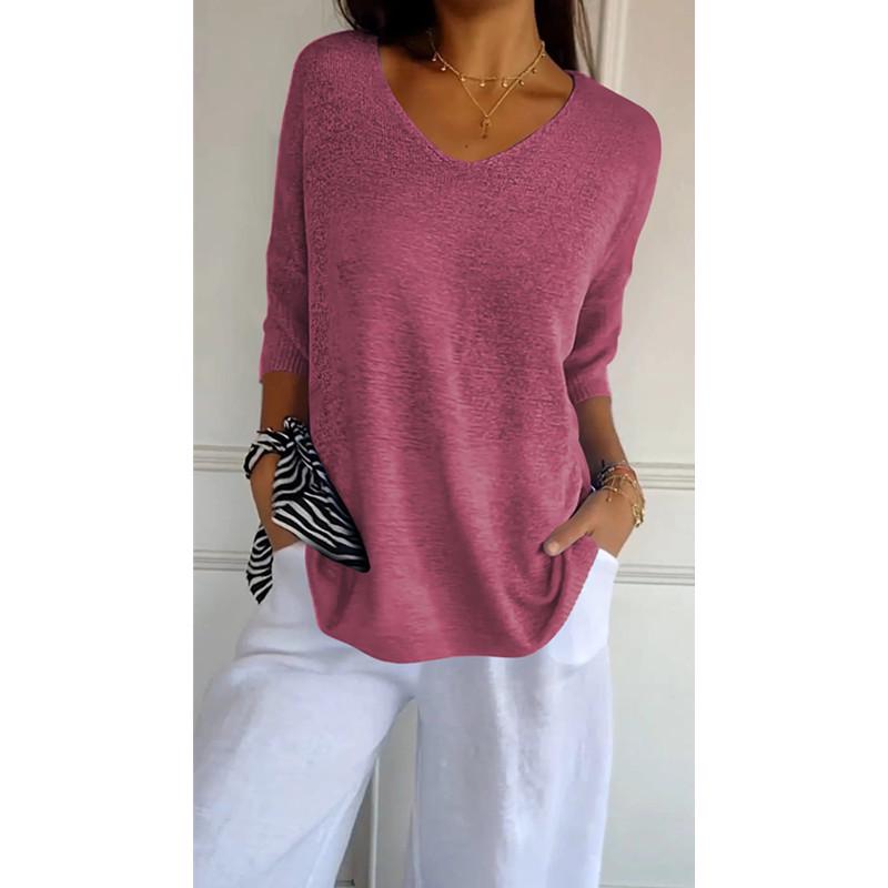 Women's European & American V-Neck Knit Sweaters, Slim Fit, Solid Color, 3/4 Sleeves, Casual Style