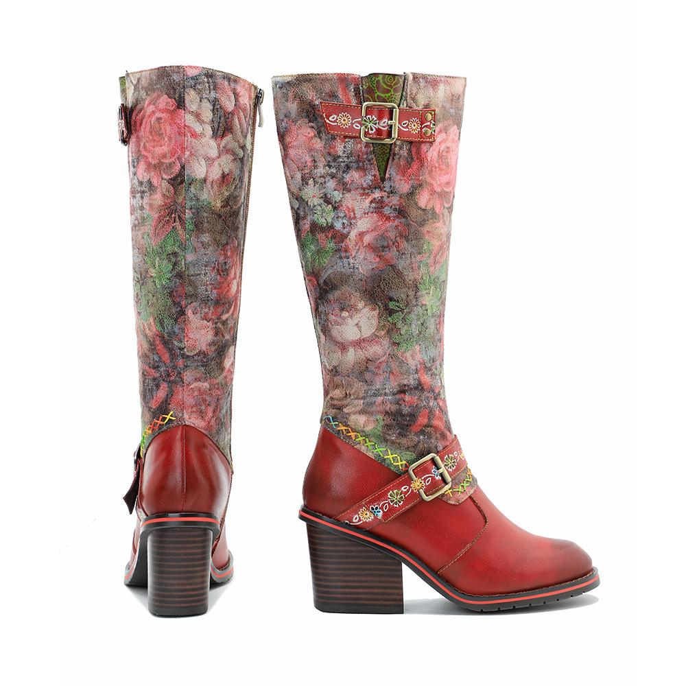 Johnature Vera pelle patchwork stampato fibbia per cintura tacco spesso comodi tacchi alti stivali lunghi scarpe da donna