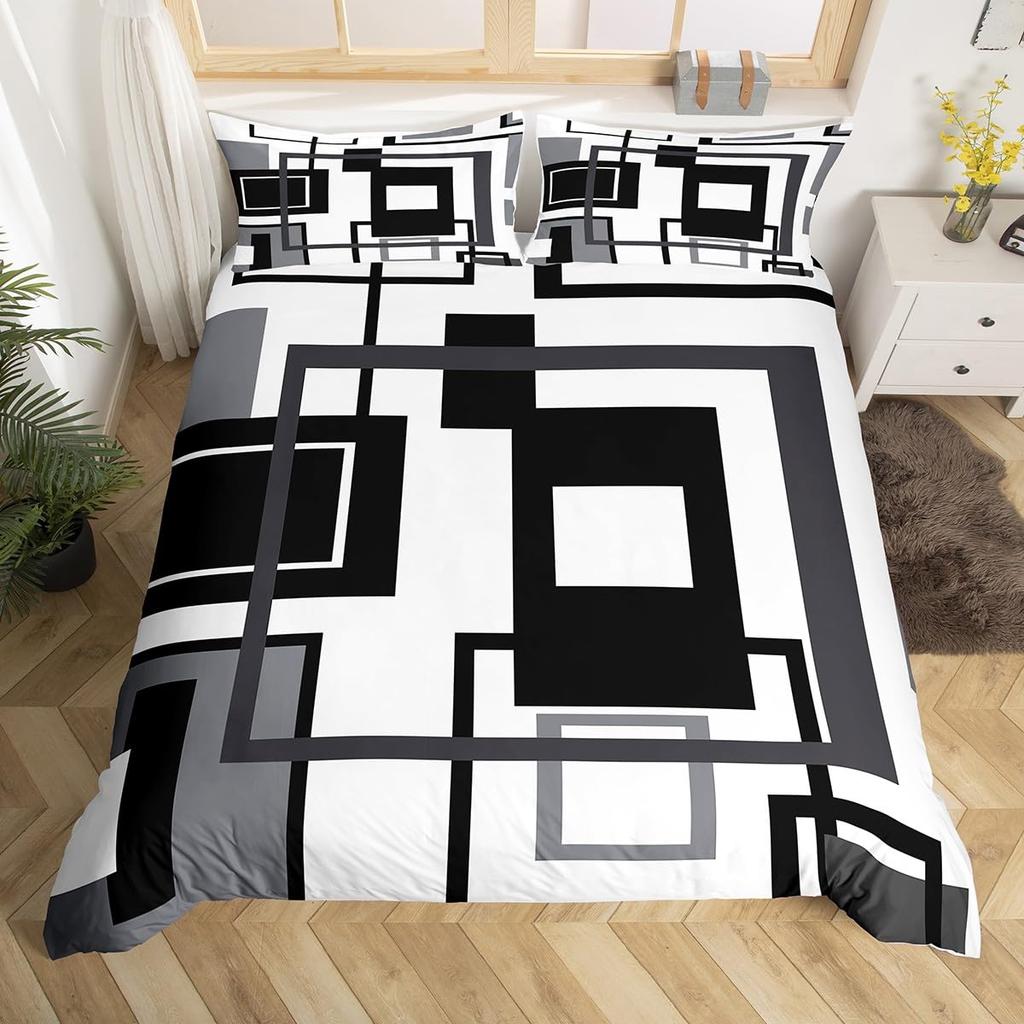 Geometrisches Gitter Bettbezug Twin Full Queen Geometrisches Quadrat Steppdeckenbezug Modern Abstrakt Linien Bettwäscheset Mit 2 Kissenbezügen