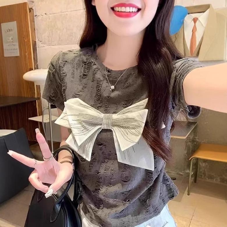 

2025 Women s Grey Bowknot Short Sleeve Shoulder T-Shirt M