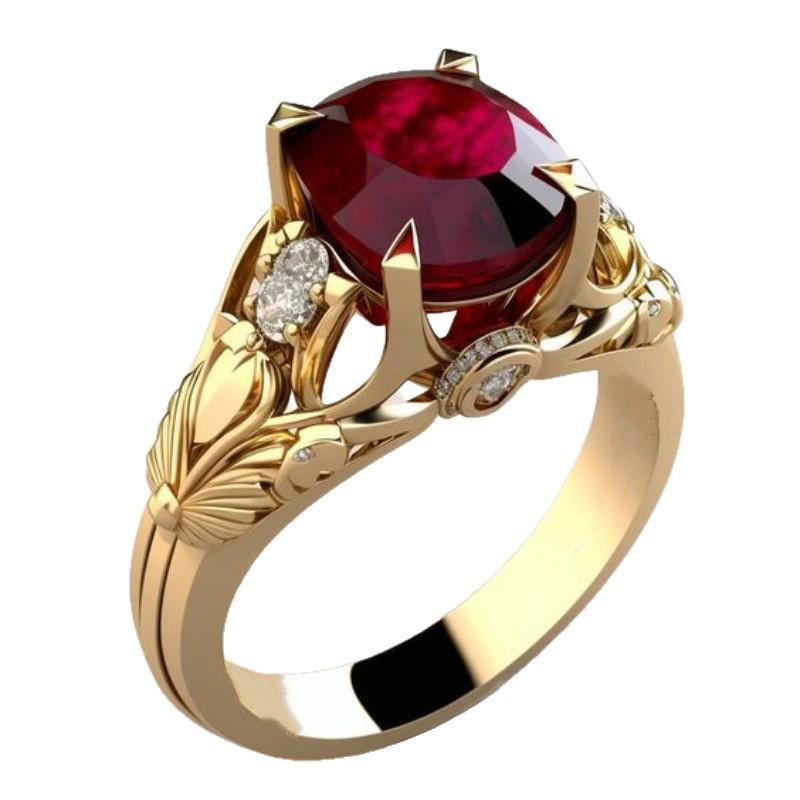 Retro Leaf Carved Ruby Ring Gold Color Red Crystal Engagement Ring Luxury Vintage Style Promise Ring for Women Wedding Jewelry