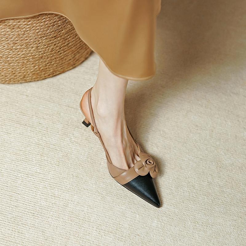 2024 Summer Women Shoes Cow Leather Shoes Women Covered Toe Thin Heel Sandals Slingback Women Shoes Buckle Flowers Women Sandals