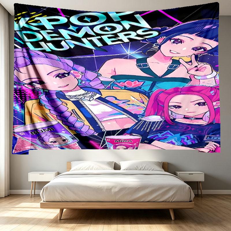 KPop Demon Hunters Print Tapestry - Portable Wall Decor Cloth, for Home, Dorm, Travel, Bedroom, Living Room - Ideal Birthday Housewarming Gift