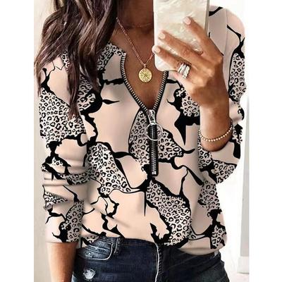 Women Autumn Long Sleeve Zipper O  Neck Printed Pullover T Shirt Top