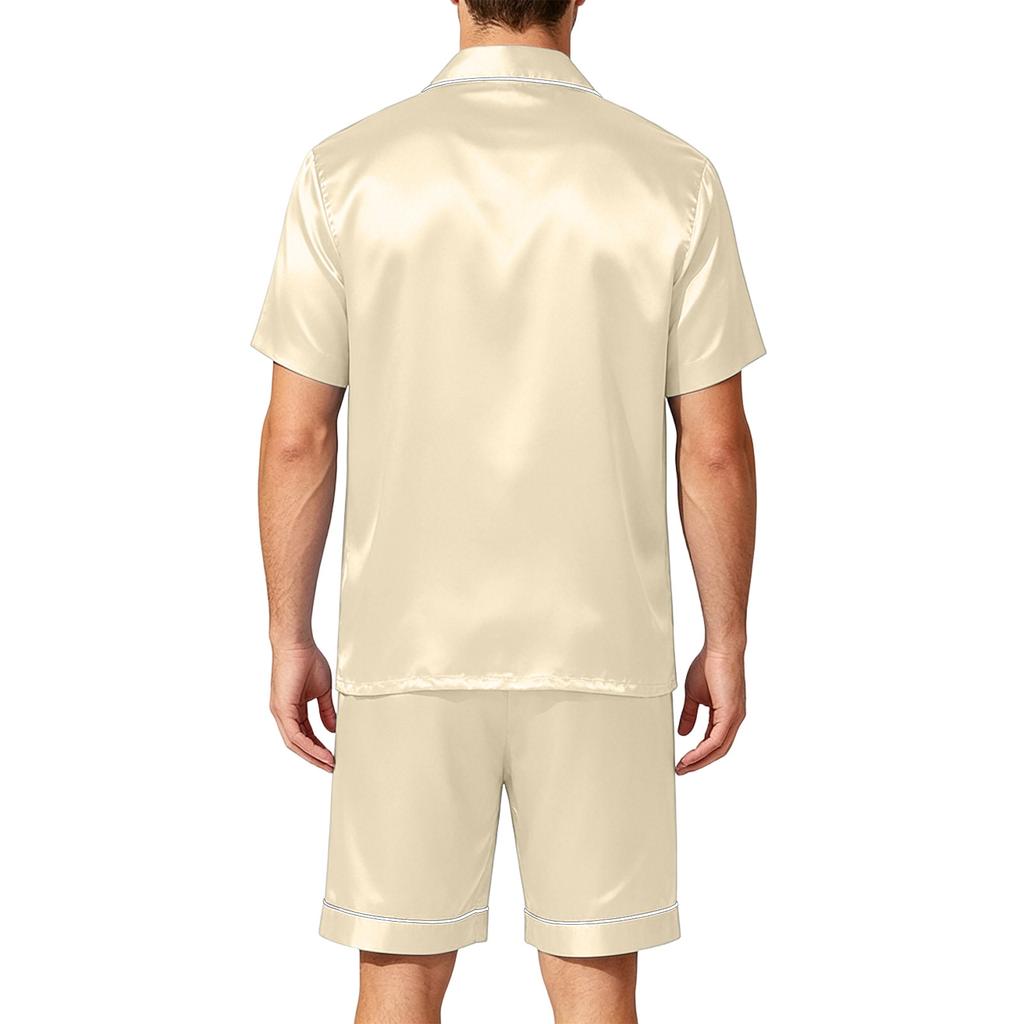 Men Satin Short Sleeve Pajama Set Two Piece Button Down Shirt and Shorts with Pocket Lightweight Sleepwear Lounge Set