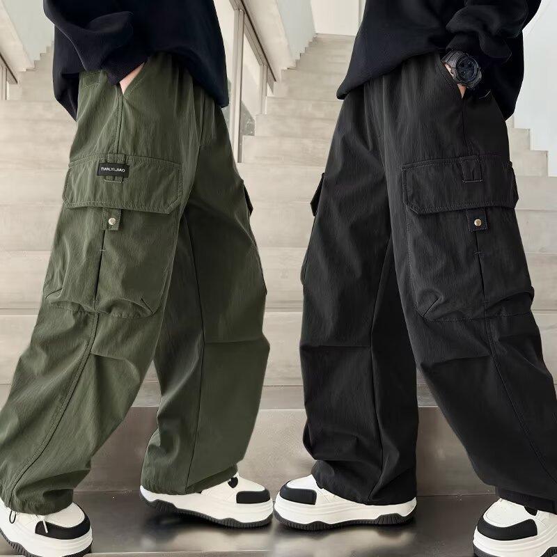 Spring Autumn Boys Cargo Pants Children Spring Casual Trousers Children Straight Loose Pants Teenager Solid Color Wide-leg Clothing