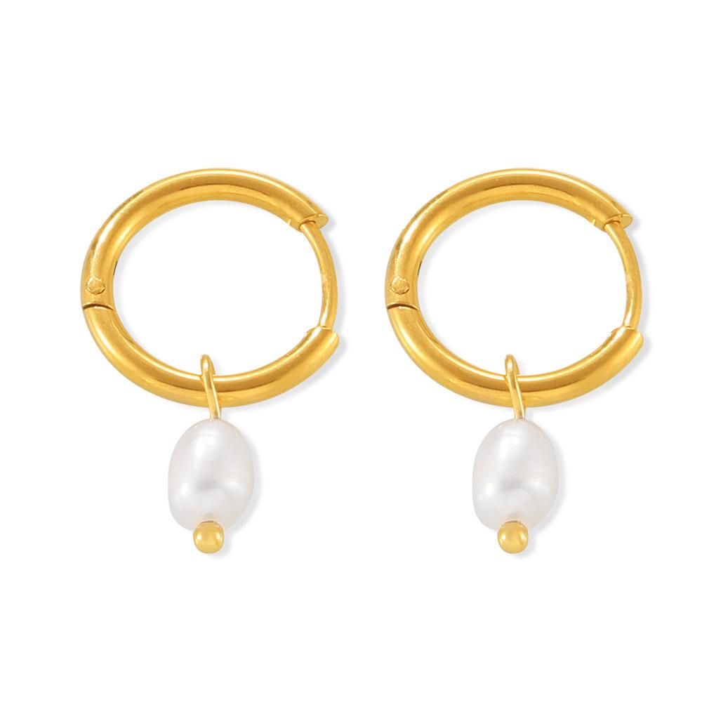 Korean-Inspired Natural Freshwater Pearl Earrings, 18K Gold-Plated Titanium Steel, Simple and Versatile for Women