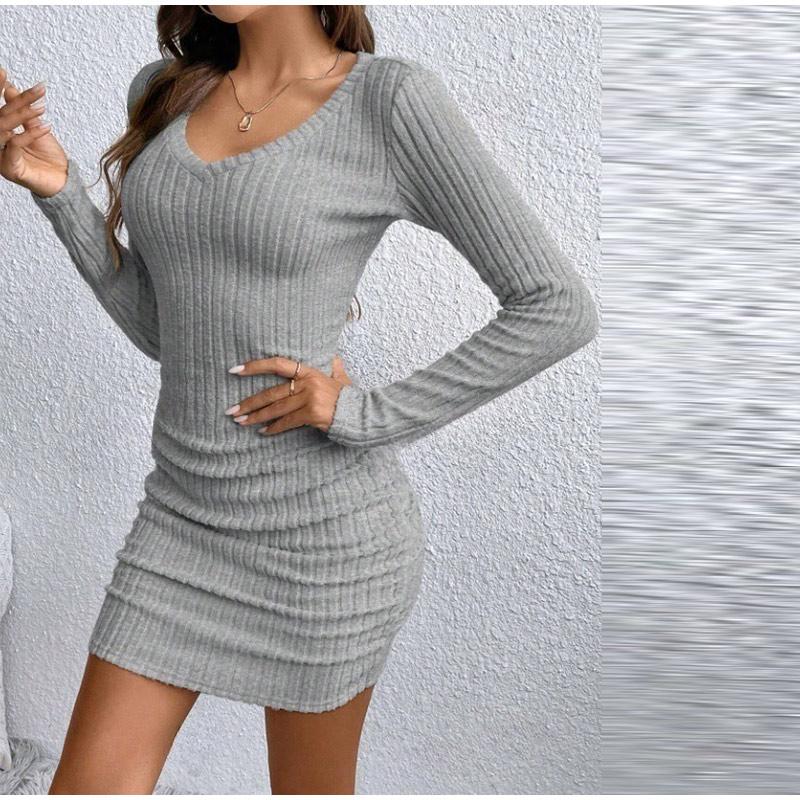 Women's Dresses Autumn Fitting Slim Plain Long Sleeve V-Neck Bodysuit Mini Casual Dresses Sexy Dress for Women