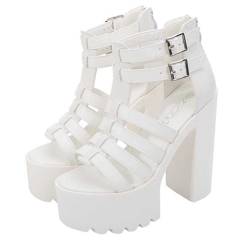 Fashion 14CM Goth Platform Block Heels Buckle Decor Black Women Sandals Ankle Strap Open Toe Summer Party Vintage Prom Shoes Pumps