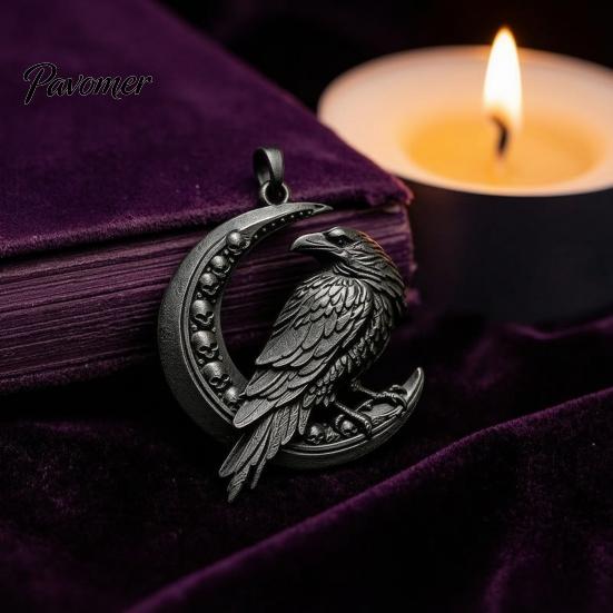 Unique Gothic Statement Piece Raven Pendant, Crescent Moon Skull Design, Punk Necklace Charm, Occult Style Accessories 3D Printed Crow Charm