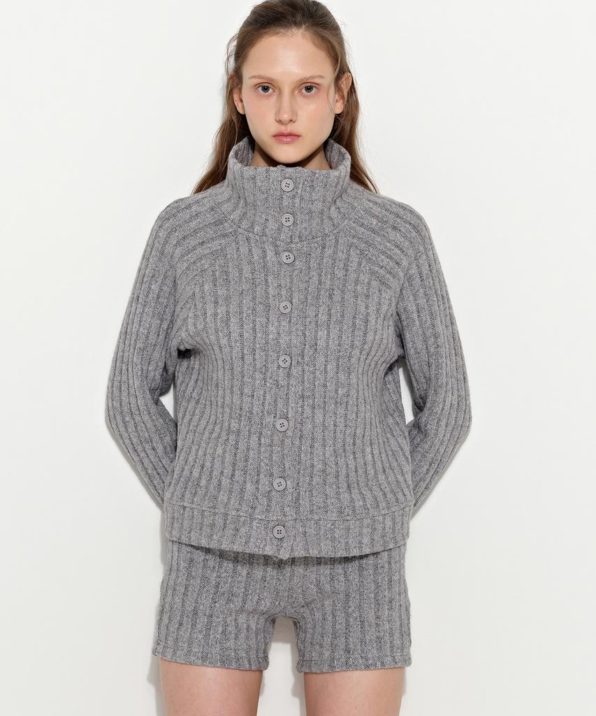 Brighten High-Neck Knit Cardigan Gray