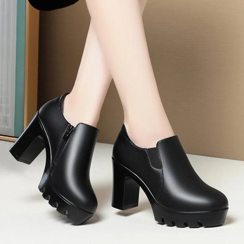 6.5cm 8.5cm Elegant Black Block High Heels Shoes Deep Mouth Spring 2025 Thick Platform Pumps Soft Leather for Office Model Work