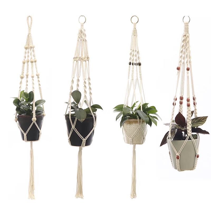 Hand-Knitted Cotton Macrame Plant Hanger with Wooden Beads (2-Pack)
