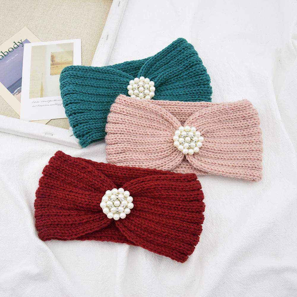 Sweet Elegant Pearls Knitting Cross Knot Headband For Women Autumn Winter Warm Ear Warmers Wide Headwrap Makeup Hair Accessories