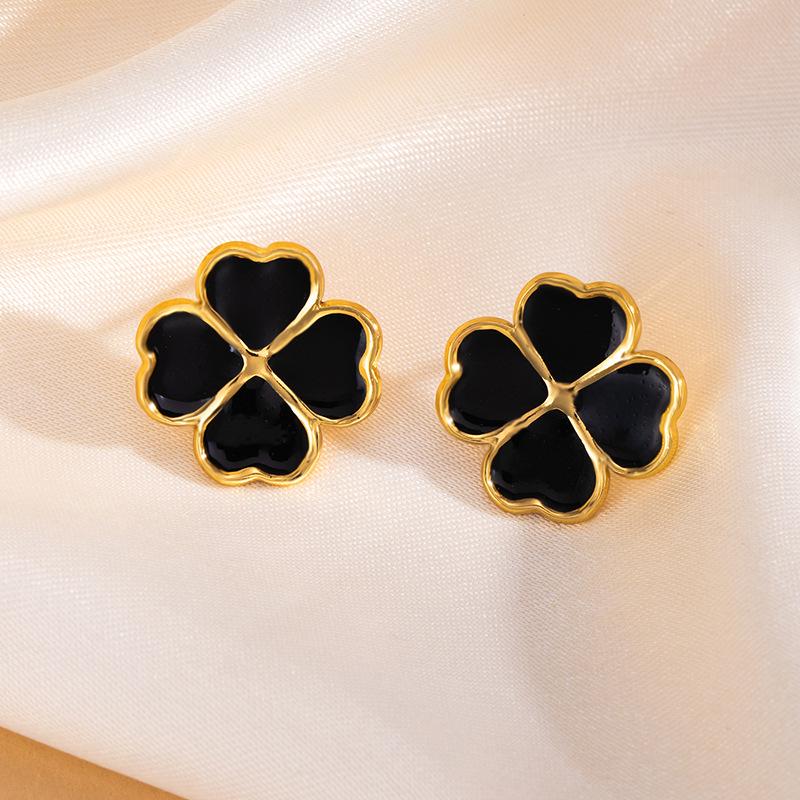 Four-Leaf Clover Stainless Steel Stud Earrings for Women - Colored Titanium Simple Ear Jewelry