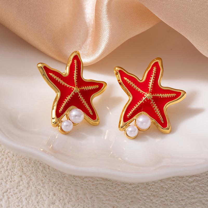 Colorful Drip Oil Starfish Mother-of-Pearl Pearl Stainless Steel Stud Earrings - Women's Non-Fading Light Luxury