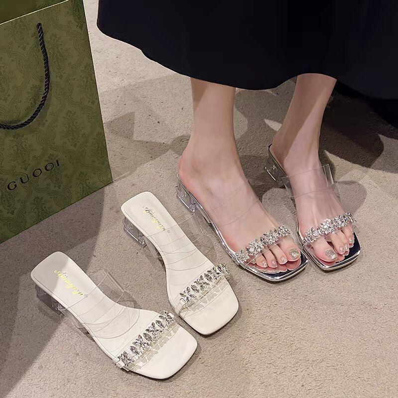 Fashion Shoes for Women Sexy with Heel Sandals Clear Woman Slippers Rhenstone Slides Elegant and Fashionable Easy Wears Summer Footwear