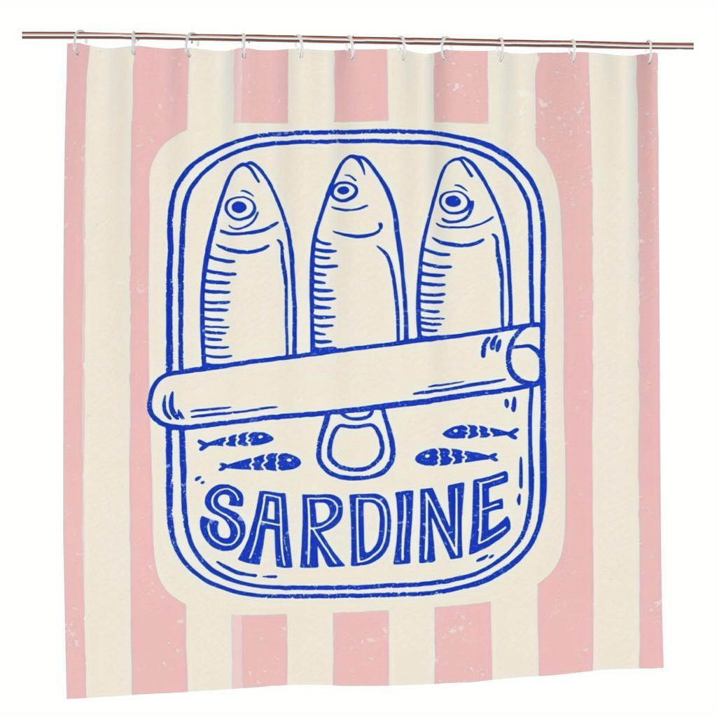 Sardine-Inspired Fashionable Shower Curtain With Hooks - Removable, Durable Polyester, Pink & White Striped Design With Fish