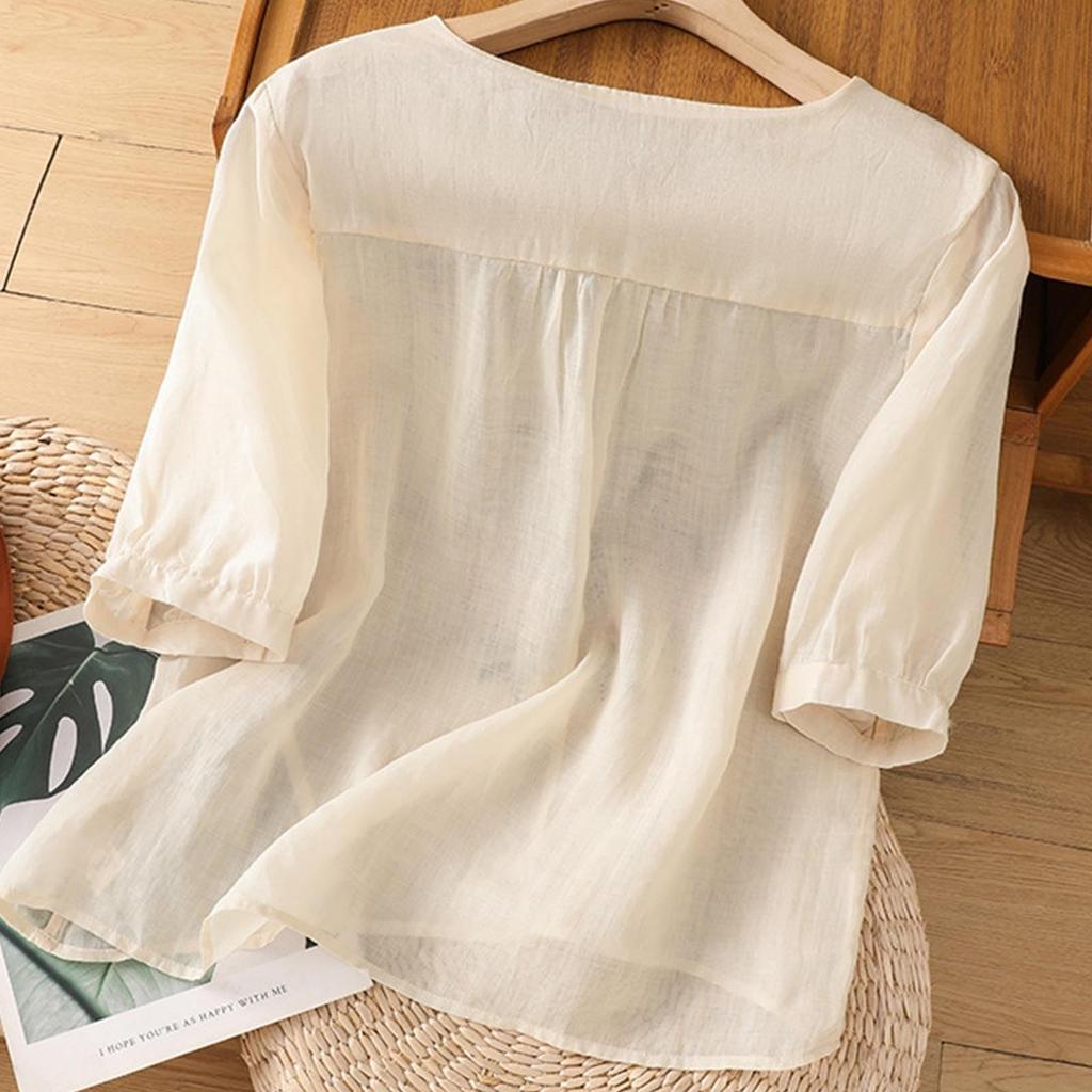 Fashion Women's Shirt Five-quarter Sleeve Spring And Summer Loose Top Embroidered Shirt