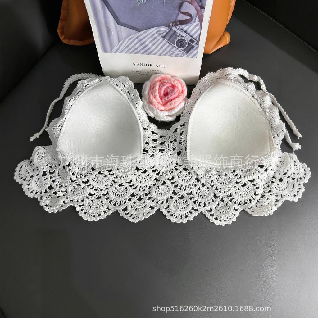 New fashionable and sexy tube top with small suspenders for women's summer seaside beach lace-up hollow knitted neck top