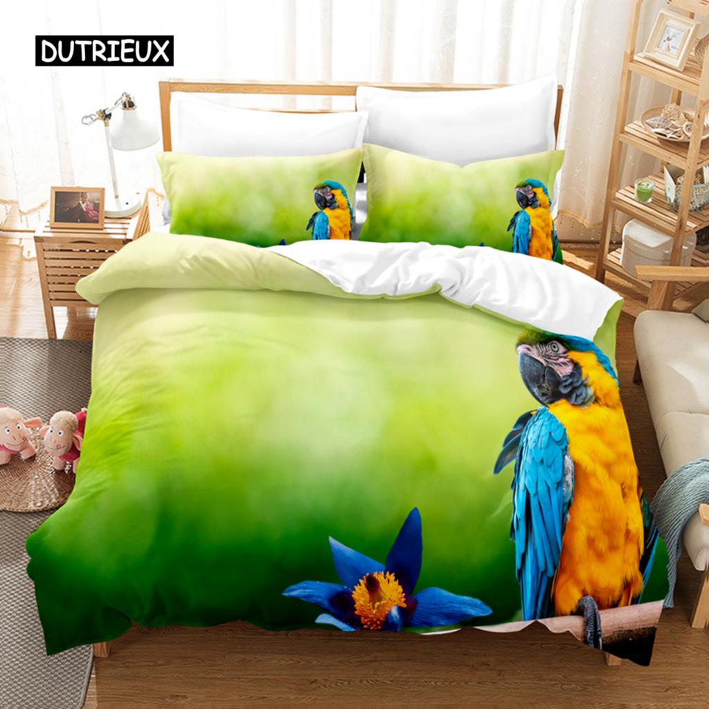 3D Parrot Duvet Cover Set Microfiber Bedding with Pillowcase King Queen Twin Luxury Animal Print Quilt Cover