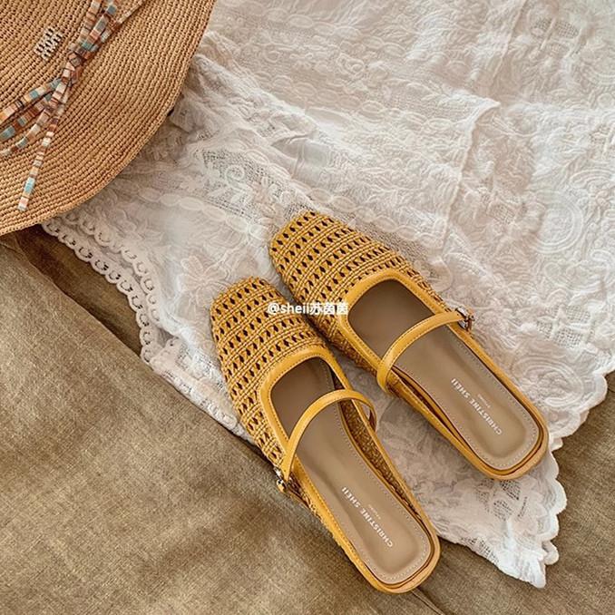 [Grape mother of the same style] Paris vacation~ square head woven thick heel bag head Mary Jane slippers women's half drag sandals