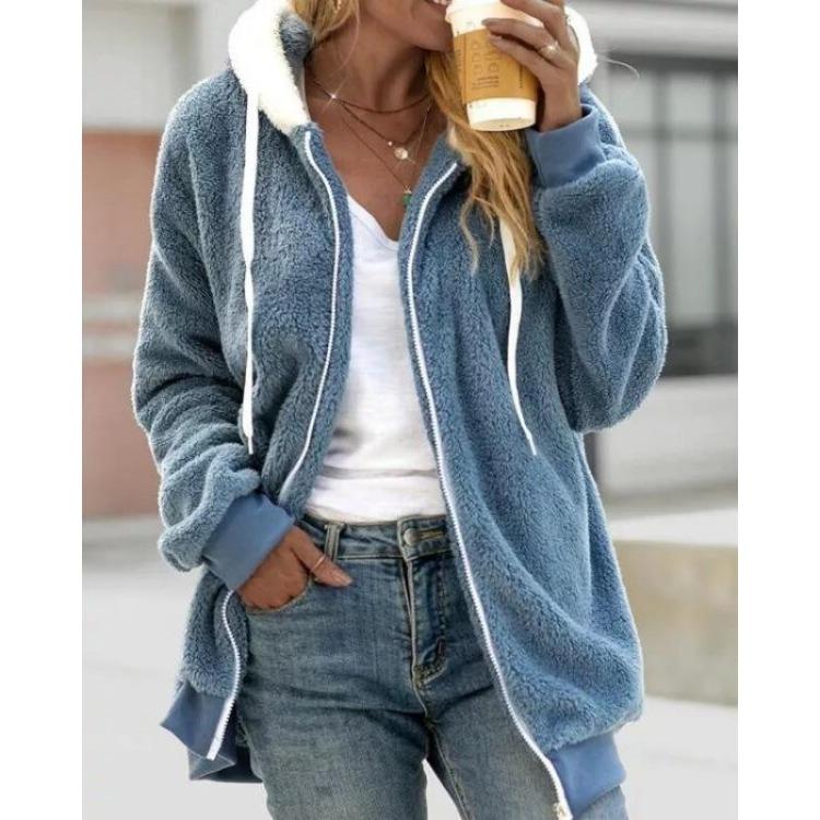 

Warm Plush Hooded Jacket for Women Cozy Casual Long Sleeve Zipper Coat 5XL синій