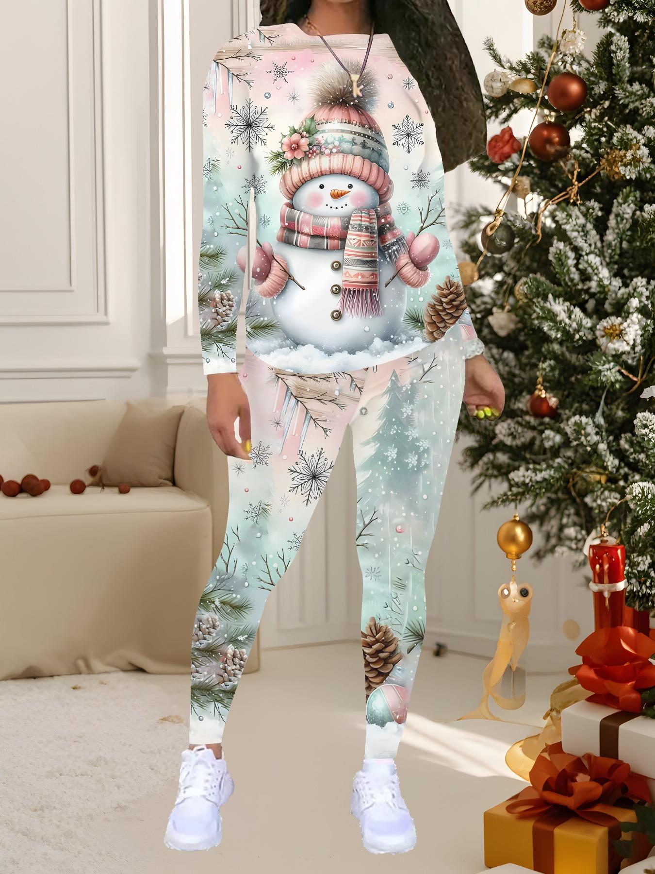 

Женский рождественский костюм-двойка с принтом: Топ с длинным рукавом и круглым вырезом и брюки, праздничный лимитированный повседневный костюм для вечеринки в подарок M розовый