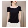 Trendy 2025 Off-Shoulder V-Neck Women's T-Shirt with Slimming Fit, Short Sleeves, and Open Back, Featuring Single/Double Shoulder Straps