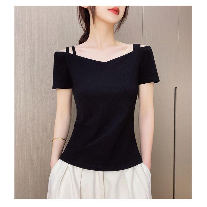 Trendy 2025 Off-Shoulder V-Neck Women's T-Shirt with Slimming Fit, Short Sleeves, and Open Back, Featuring Single/Double Shoulder Straps