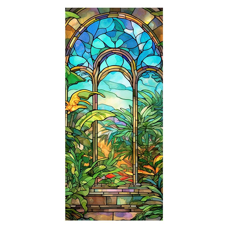 45x100cm Vitraliu Colorat Plantă Tropicală Floare Film pentru Ușă Fereastră PVC Adsorbție Statică Autocolant Sticlă Decor Acasă Decal Detașabil