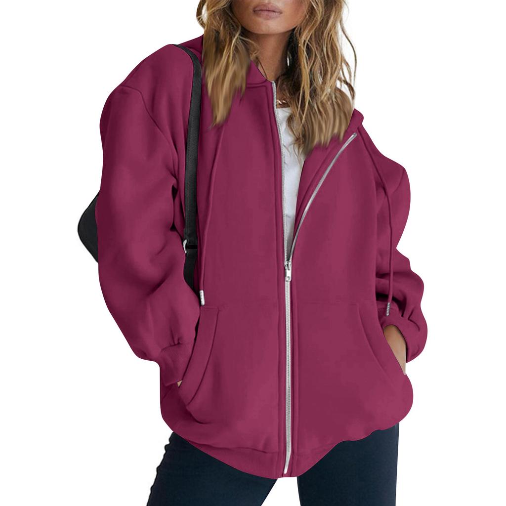 Damenmode Reißverschluss Hoodie Langarm Kapuzenpullover Sweatshirt Lässige einfarbige Oberteile mit Taschen