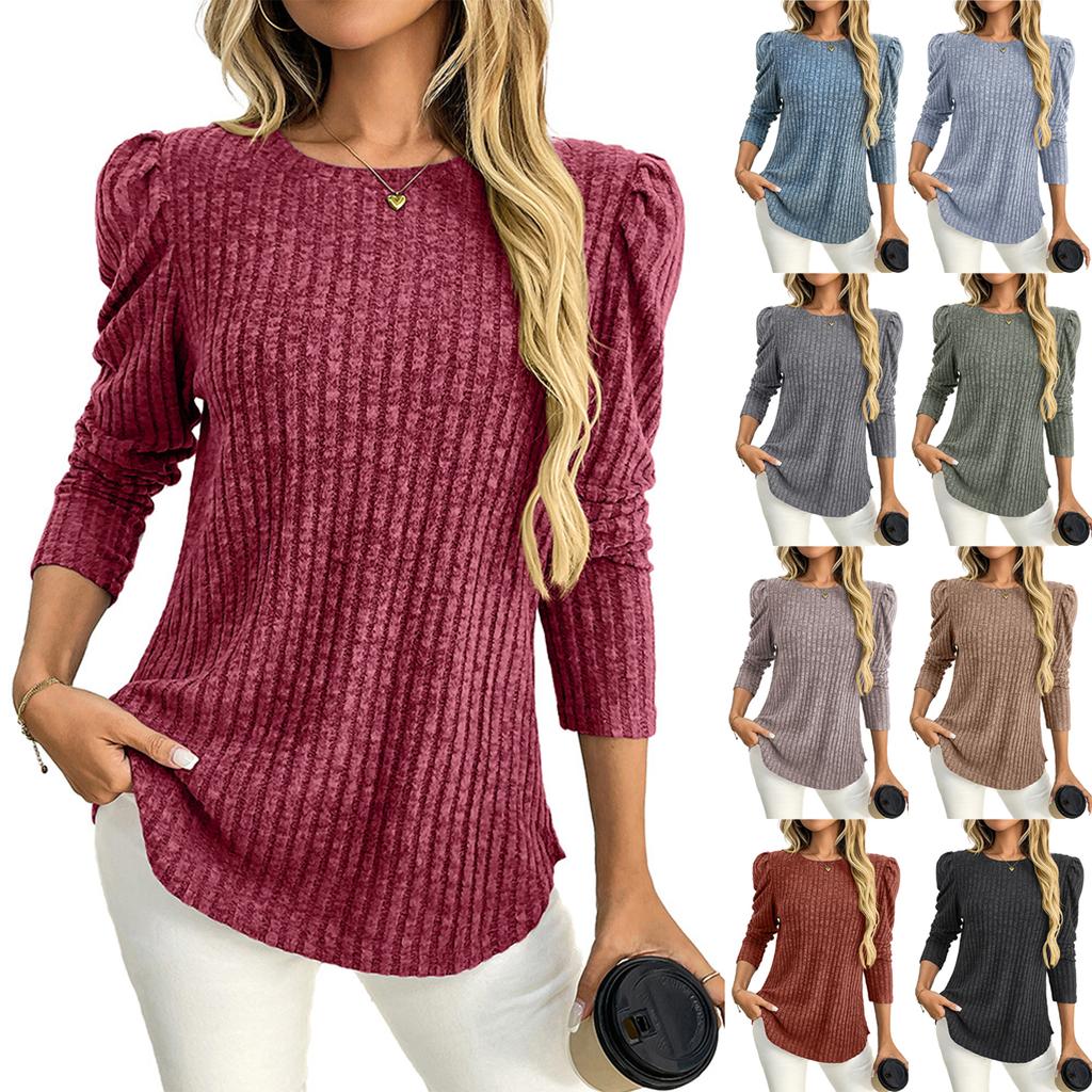 Women's Fashionable Solid Color Long Sleeved Round Neck Loose Casual Pullover T-shirt Top