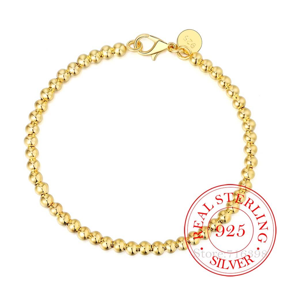 

100% Real 925 silver Bracelet for Women men Homme 4MM Beads Ball Chain Bracelets Bangles Classic Pulsera De Mujer золотой