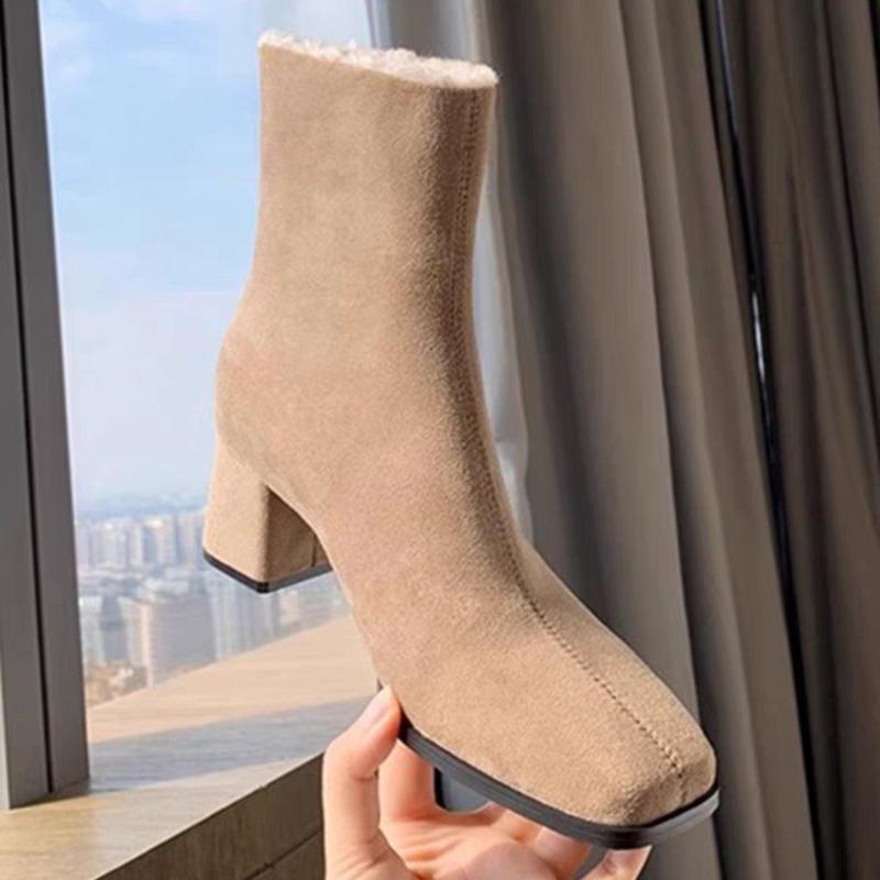 Designer Warm Plush Women Ankle Boots Fashion Square Toe High Heel Shoes Laides Comfort Cottom Shoes