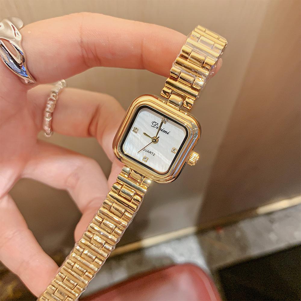 Ceas de damă cu temperament din sidef, ceas retro la modă, mic pătrat, ceas cu cuarț simplu din oțel