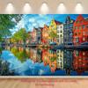 Amsterdam Canal City Reflection UV Printing Background Cloth - Colorful Dutch Architecture and Ship Water Scenery ReflectionsDJH